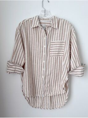 Maeve Striped Button-Up Shirt in Beige and White - Anthropologie- Linen